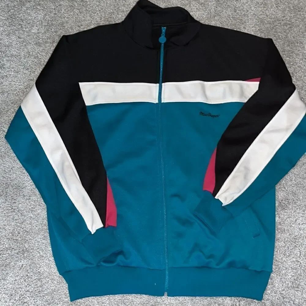 Vintage MacGregor Black Teal White Fuchsia Track Zipper Warmup Tennis Jacket L